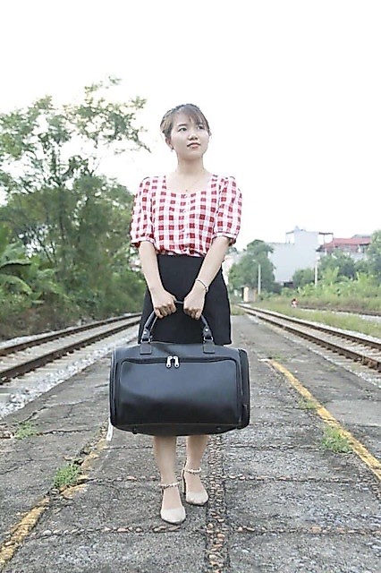Sơ mi nữ cổ vuông tay lỡ Gorogi, Áo sơ mi kẻ dáng suông Gorogi chất thô tre thoáng mát