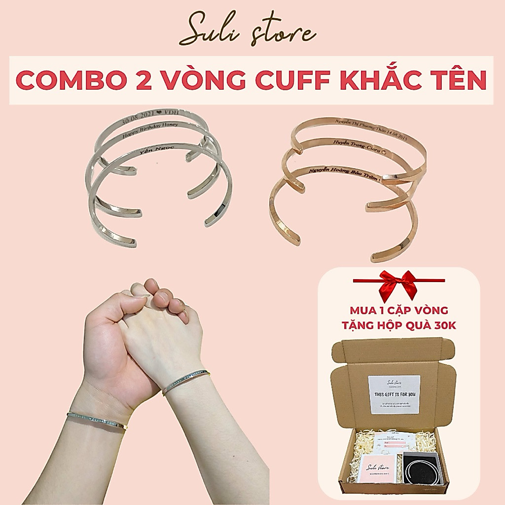 [MUA 2 TẶNG COMBO HỘP] Cặp vòng tay CUFF khắc tên theo yêu cầu không đen gỉ Suli store Phụ Kiện Titan Quà tặng cặp đôi
