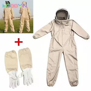 Bộ đồ quần áo bảo hộ HOBBYIN, Quần áo đuổi ong chống ong chuyên nghiệp, Bộ áo liền quần dày co giãn còng che mặt Mũ trùm đầu da cừu Găng tay nuôi ong