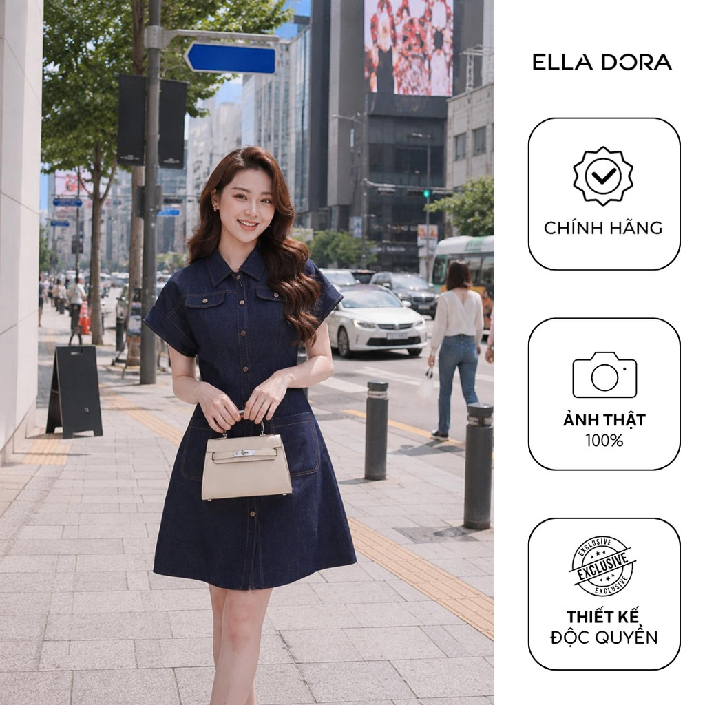 Đầm Denim nữ ELLA DORA thiết kế cúc đồng phối nắp túi form dáng ngắn thanh lịch màu XANH ĐẬM [D308]