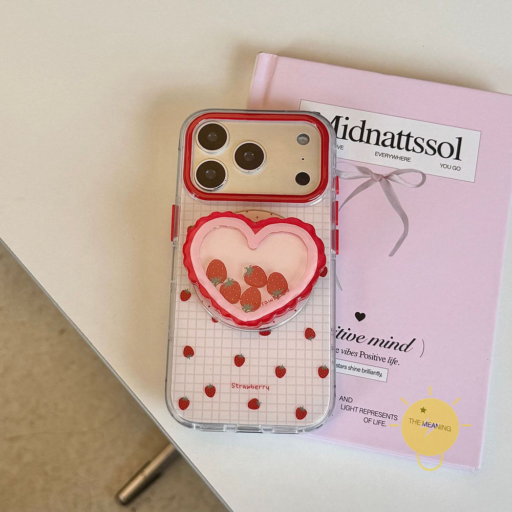 Phone Case For iPhone 17 Pro Max 16 15 14 13 TPU Magnetic Grid Strawberry Aesthetic Korean Cute