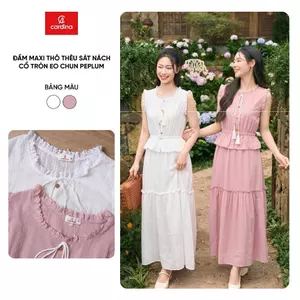 Đầm maxi nữ CARDINA chất liệu thô thêu sát nách cỏ tròn eo chun peplum 6VXM01