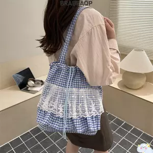 Túi Tote BRARAA, Túi Đeo Vai Nhẹ Dung Tích Lớn, Dây Rút Đóng Ren Xù Họa Tiết Kiểm Tra Nách Túi Dành Cho Nữ