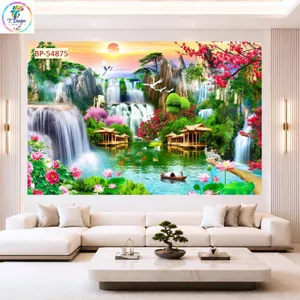 Tranh sơn thủy 3D decal PVC bóc dán , thác nước phong cảnh rừng cây, tranh dán tường treo phòng khách phong thủy cao cấp