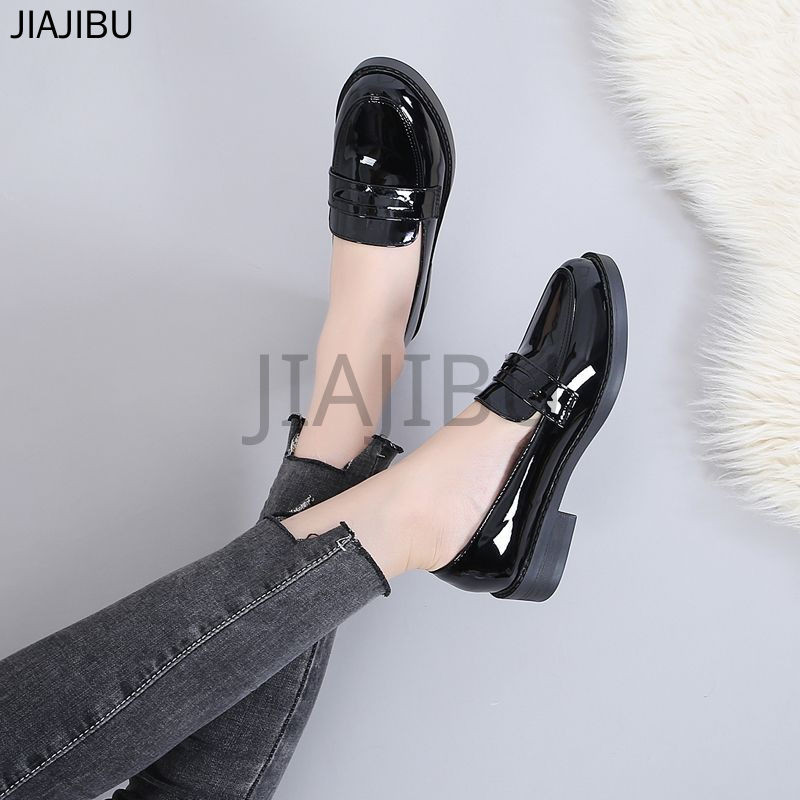 Size 34-44 Giày Lười Đế Dày Màu Đen Mũi Tròn Chống Trượt Thời Trang Hàn Quốc Dành Cho Nữ Cỡ Lớn Thường Ngày 43 Giày Da Mary Jane Đế Dày Cổ Điển, Màu Lì/bóng, Phong Cách Trường Học Anh Dành Cho Học Sinh 42 Giày Thuyền Cosplay Lolita Đồng Phục JK Nhật Bản