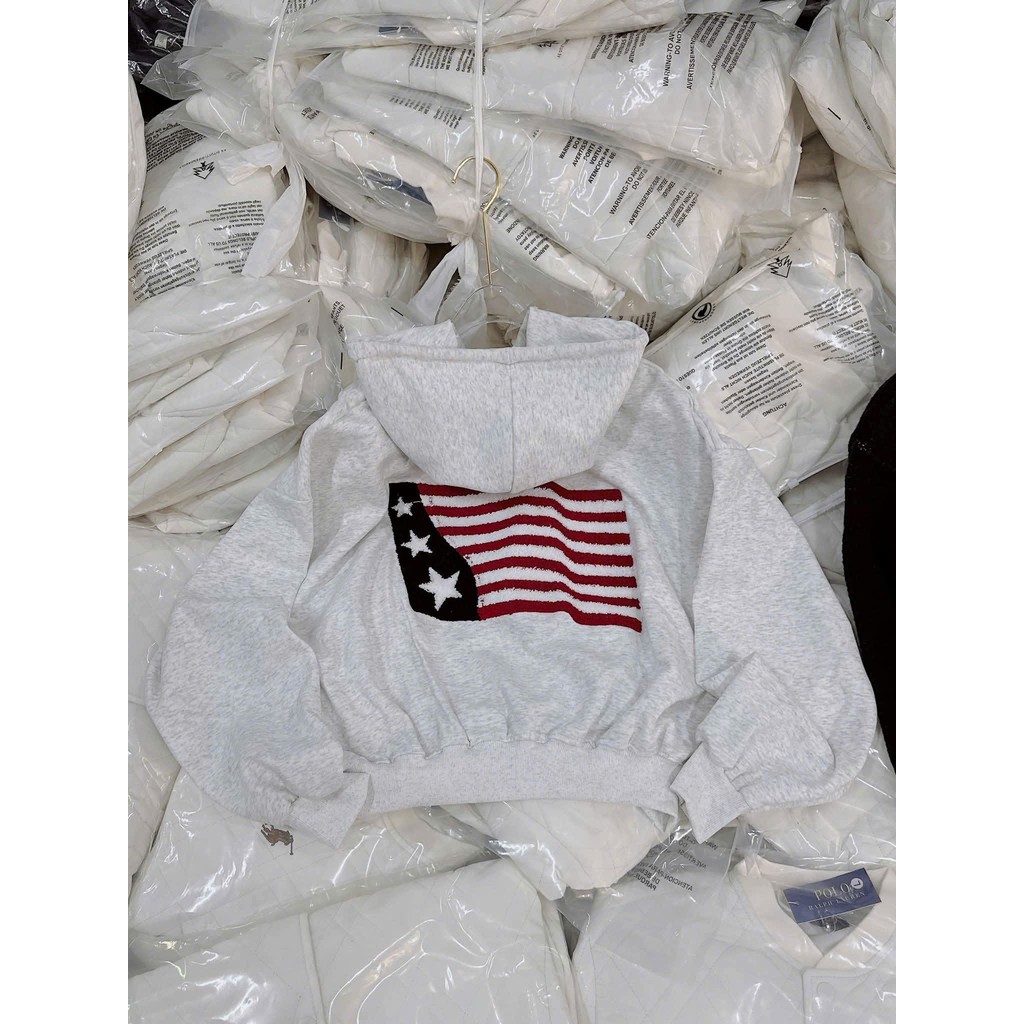 Áo khoác nỉ hoodie unisex rộng form, nhiều màu sắc nam nữ, tay phồng, thiết kế lá cờ Mỹ.