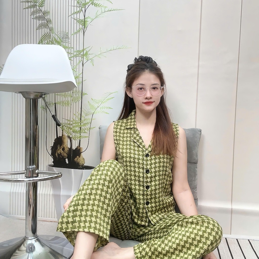 [ Xã Kho ]Mango Đồ Bộ Lụa Cổ Vest Áo Sát Nách Quần Dài Ống Suông Lưng Thun Co Giãn Thoải Mái Size 40-67kg Sang Trọng Thờ