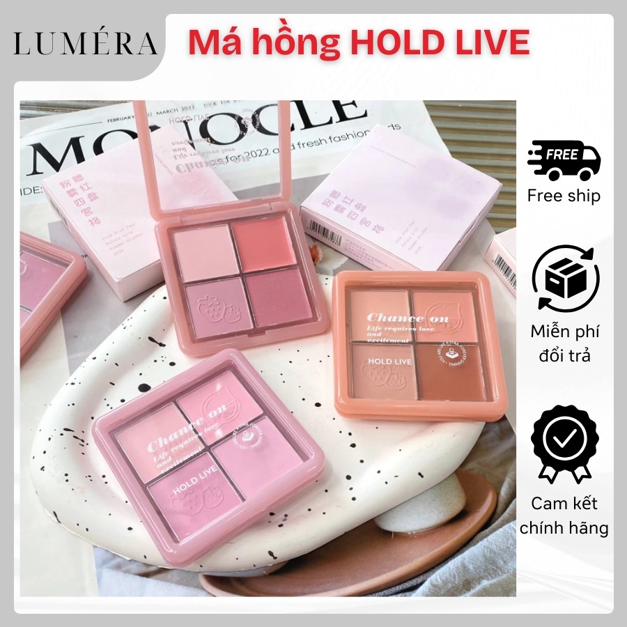 Phấn má hồng HOLD LIVE HL707 4 ô bảng màu tự nhiên nhiều tone lì bám màu tốt kèm 1 ô dạng kem