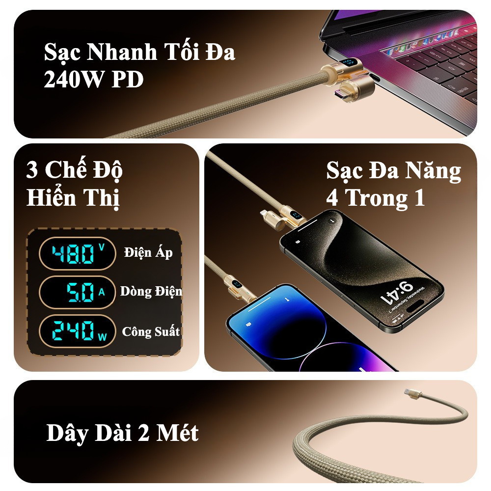 Dây Cáp Sạc Nhanh 240W - Hãng Basemo - 2 Mét - Có chip E-Marker - Đa Năng 4 Trong 1 -Có đo công suất