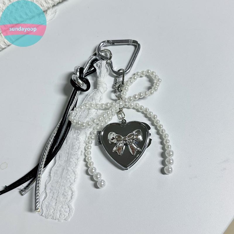 SUND Y2K Ngọc Trai Thời Trang Nơ Bạc Trái Tim Gương Móc Khóa Mặt Dây Chuyền Thời Trang Tinh Tế Nữ Tính Móc Khóa Túi Quyến Rũ Cho Bé Gái Quà Tặng VN
