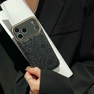 Ốp Điện Thoại Da Hoa Camellia Ống Kính Kim Loại Mạ Sang Trọng Cho iPhone 17Promax 17Air 16 15 Pro Max 14Promax Plus 11 12 13 Pro Max Chống Sốc Nam Nữ