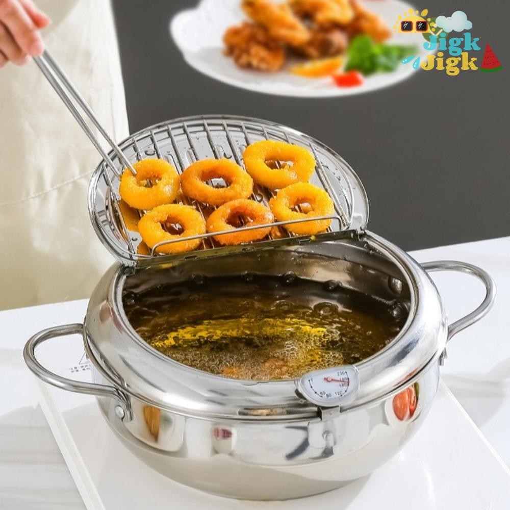 Nồi chiên sâu JiKK, có nắp nhiệt kế Tempura Fryer Pan, Thép không gỉ dày tiết kiệm dầu Nhật Bản Chảo chiên sâu Nhà bếp
