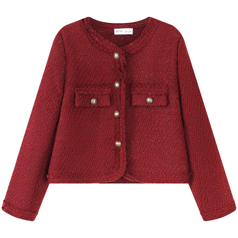 Mutu Retro Đỏ Cổ Tròn Áo Khoác Ngắn Nữ Mùa Xuân 2026 Phong Cách Mới Pháp Retro Tweed Top