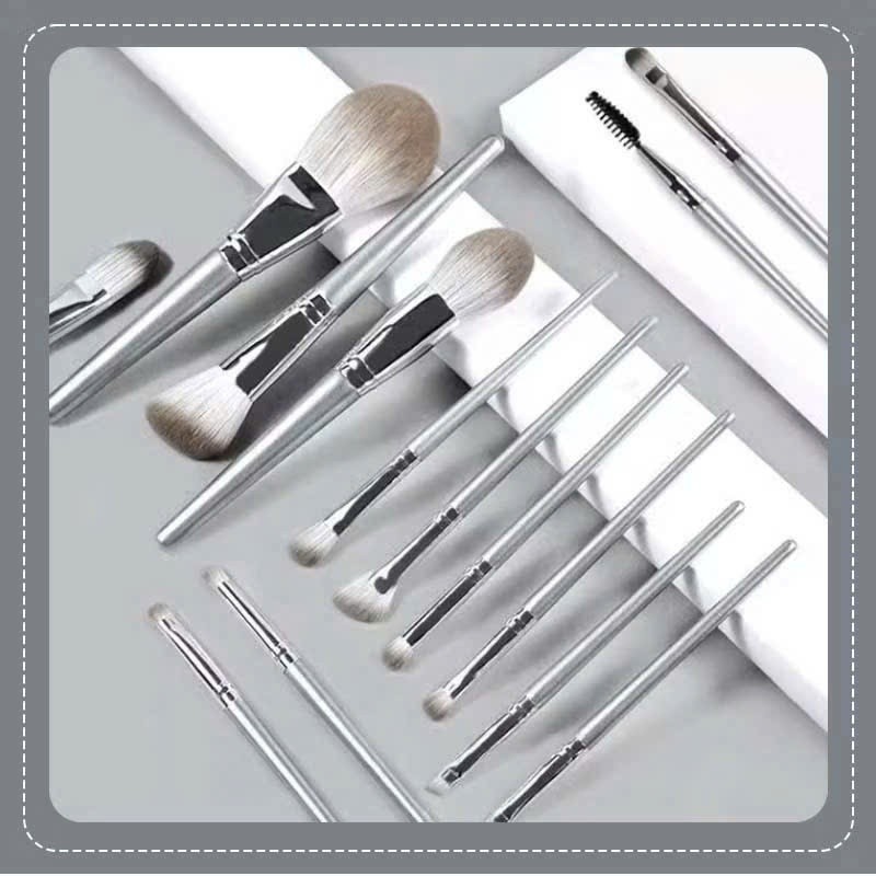 Bộ cọ trang điểm cá nhân set 14 cây màu xám bạc có bao da