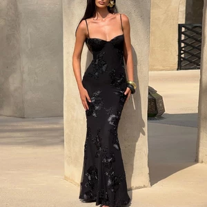 Cutenew Hoa Thêu Đầm Maxi Nữ Cổ Thấp Đeo Chéo Băng Lưng Mùa Hè Phố Mới Xu Hướng Skinny Thanh Lịch Vestidos