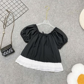 Áo Kiểu Nữ Bigsize Form Rộng Tay Ngắn Bồng Xòe Dáng Babydoll Vạt Ren Dễ Thương A290