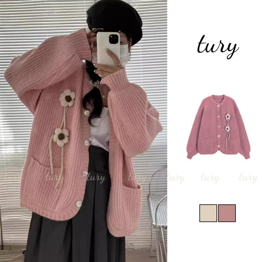 Áo Len Nữ - Tury - Áo khoác len cardigan dệt kim cổ V phối hoa thu đông - TA067