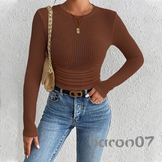 Áo sơ mi nữ cổ tròn mùa thu dài tay màu trơn Slim Fit Crop Basic