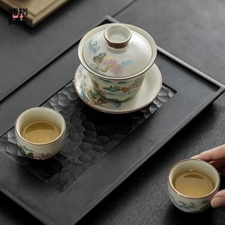 Ấm, Chén Sứ Pha Trà Bằng Sứ Men Lam Rạn Vẽ Họa Tiết Sơn Hà Cẩm Tú