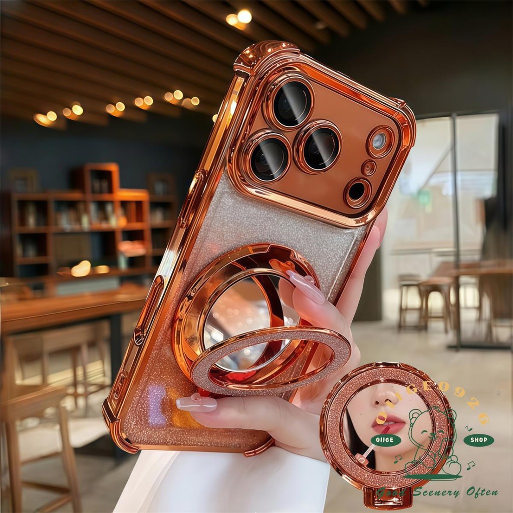 【 Ốp lưng iPhone17 】 Giá đỡ gương lấp lánh mạ màu cam Vỏ điện thoại từ tính iphone17 Pro Max 16 15 14 13 12 cho vỏ iPhone Vỏ mềm silicon TPU chống sốc