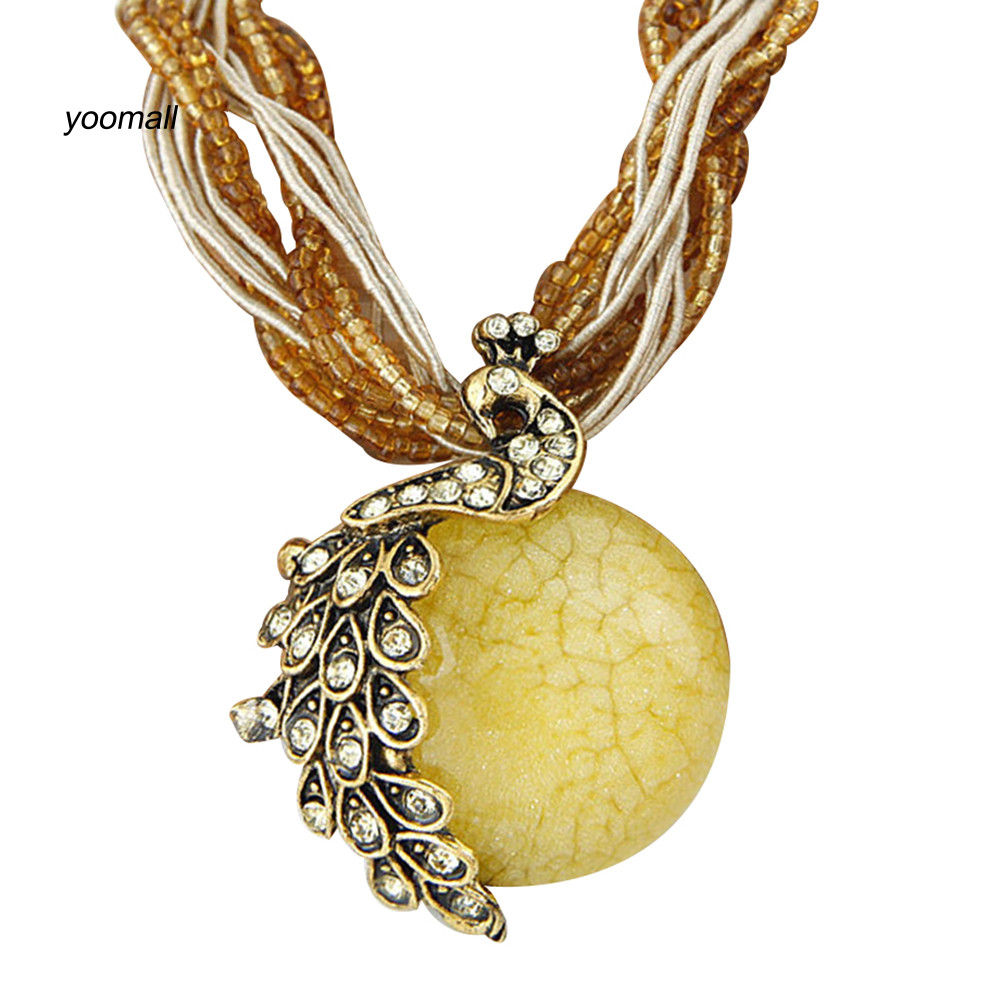 Mặt Dây Chuyền Vòng Cổ Phong Cách Boho, Họa Tiết Con Công, Sọc Kẻ, Kim Cương Và Opal Giả - Quà Tặng Đặc Biệt