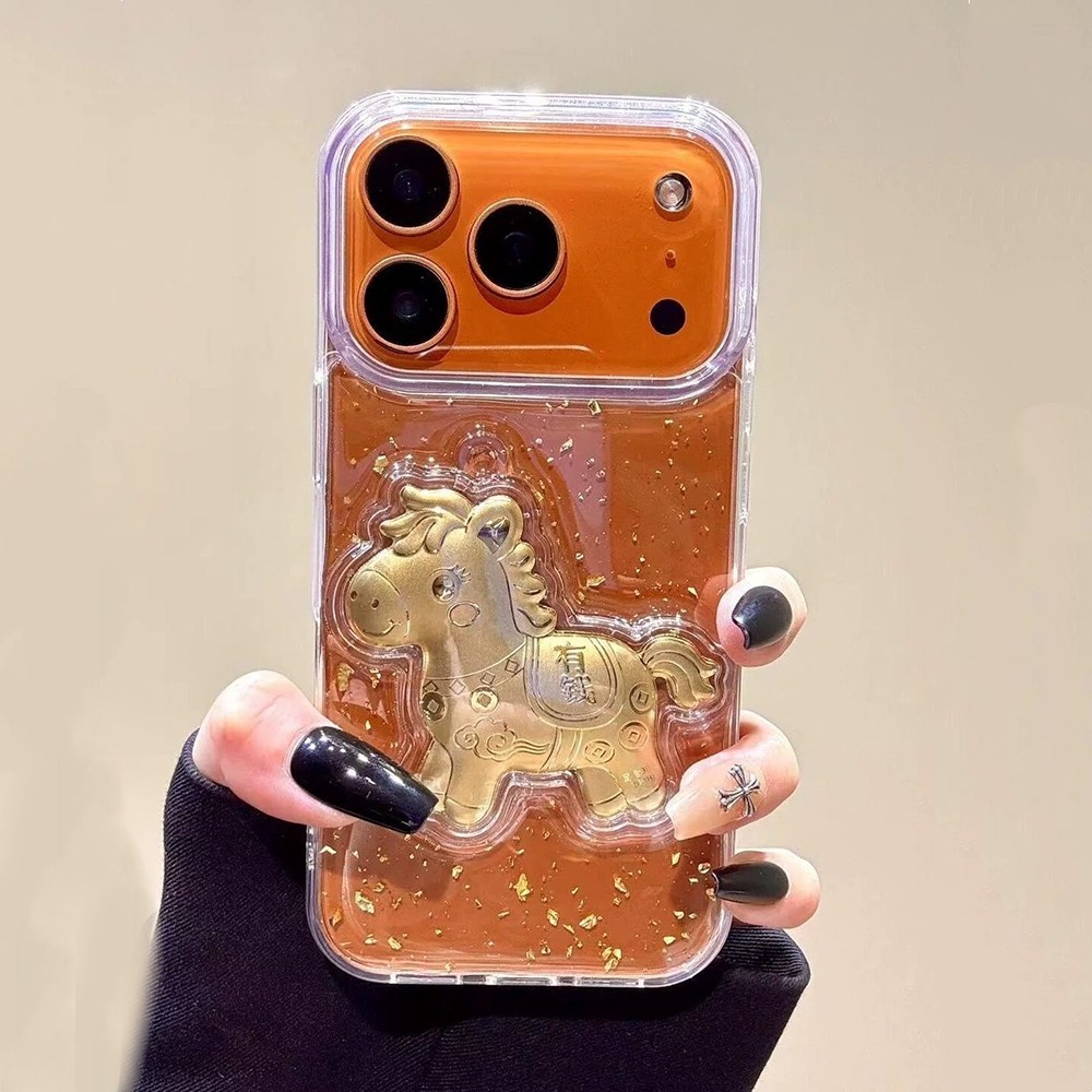 Ốp Điện Thoại Nhựa Lá Vàng 3D Ngựa Cho iPhone 17 Pro Max 17 Air 16 Plus 15 14 13 12 11 Vỏ Bảo Vệ Chống Sốc