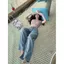 Pure Desire Style Hot Girl Kẻ sọc cổ chữ v Tay áo Trumpet dài tay thiết kế kiểu Mỹ Áo thun mỏng vừa vặn
