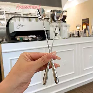 Thìa Tròn Inox Lưới Đỏ Vàng Bữa Tối Tay Cầm Dài Khuấy Thìa Tráng Miệng Cho Phụ Kiện Nhà Bếp Tiện Ích