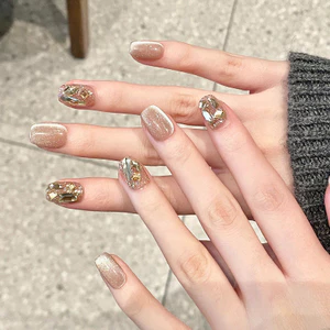 Đeo Móng Tay Champagne Làm Trắng Kim Cương Sang Trọng Handmade Mắt Mèo Miếng Móng Tay 30 Miếng