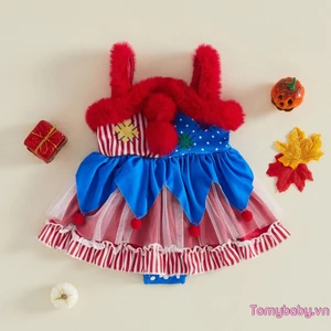 Bộ áo liền quần bé gái Màu sắc tương phản Fuzzy Trim Chú hề Trang phục liền thân ngày lễ dễ thương