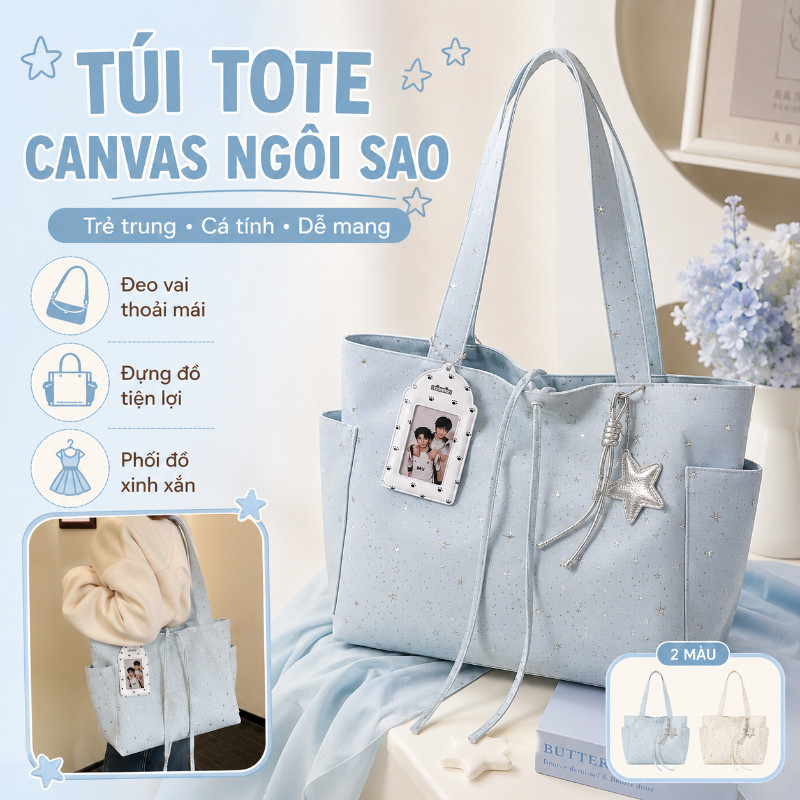 Túi Tote Canvas Sao Lấp Lánh - Tuyên Ngôn Thời Trang Cá Tính, Phong Cách Hàn Quốc Trẻ Trung, Đi Học Đi Làm Đều Chất
