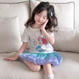 Bộ váy công chúa cho bé gái nàng tiên cá - Áo thun tay ngắn phối chân váy voan phồng ngọt ngào