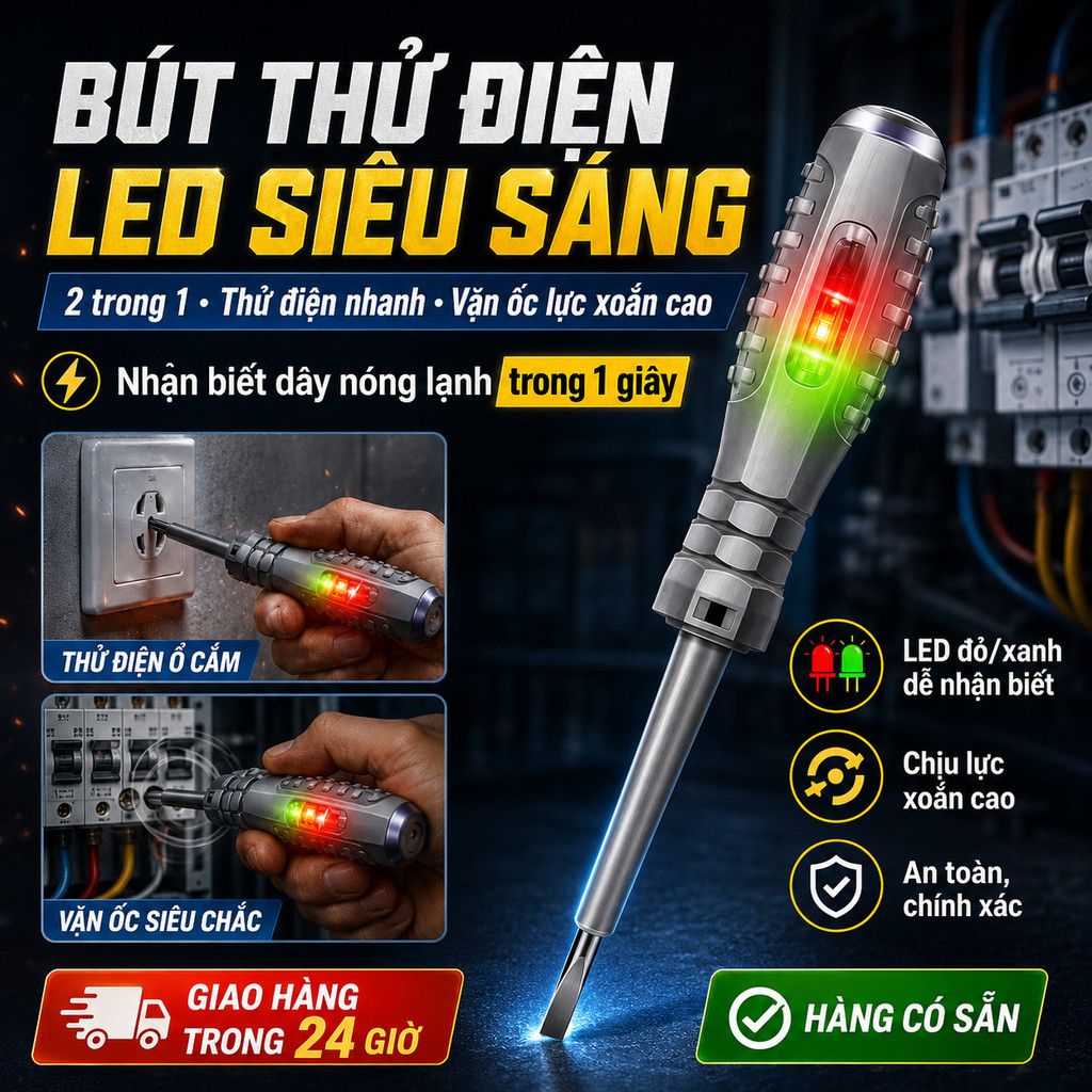 ⚡Ship Nhanh⚡Tuốc vít thử điện lực xoắn cao | Bút thử điện LED sáng màu | Bút điện đo ngắt mạch chuyên dụng