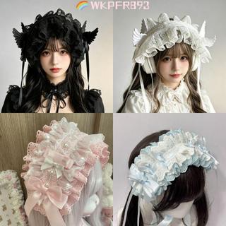 Mũ đội đầu Cosplay WKPFR893, Gothic Ribbon Bowknot Lolita Wing Angel Headband, Phụ kiện tóc quấn đầu ren ngọt ngào
