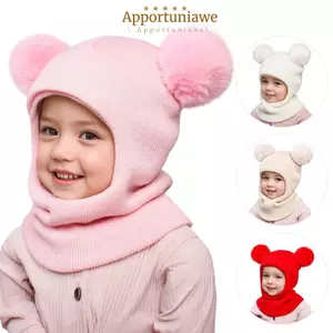 IAPPORTUNIA Khăn quàng cổ một mảnh, Mũ Balaclava dễ thương cho trẻ em, Quả bóng đôi mùa thu đông Bảo vệ tai Pompom Ball Mũ len