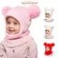 IAPPORTUNIA Khăn quàng cổ một mảnh, Mũ Balaclava dễ thương cho trẻ em, Quả bóng đôi mùa thu đông Bảo vệ tai Pompom Ball Mũ len