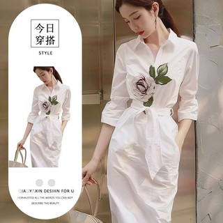 Đầm sơ mi trắng in họa tiết hoa hồng,đầm ôm dáng,thiết kế thanh lịch sang trọng dành cho mùa hè