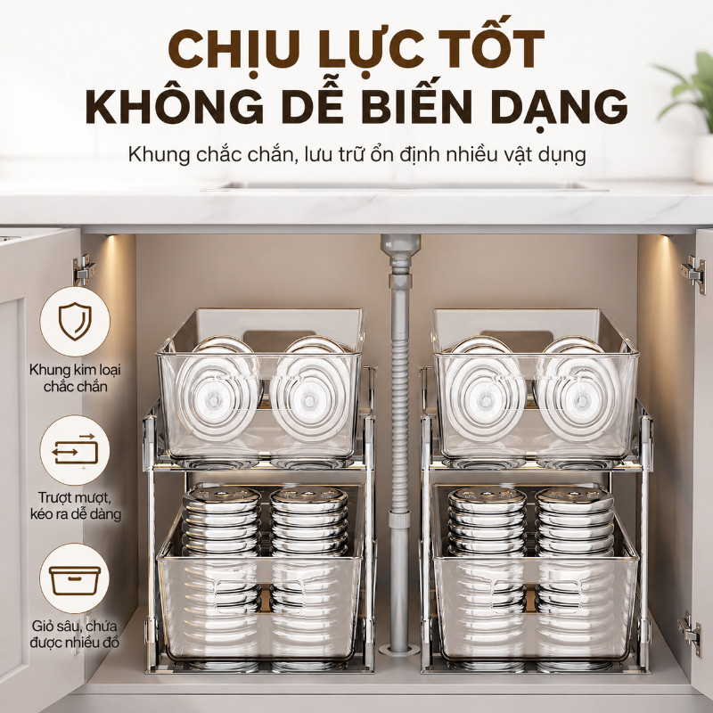 Kệ Rổ Kéo Trong Suốt 2/3 Tầng, Giá Để Đồ Dưới Bồn Rửa Tủ Bếp Phòng Tắm, Nhựa Cao Cấp