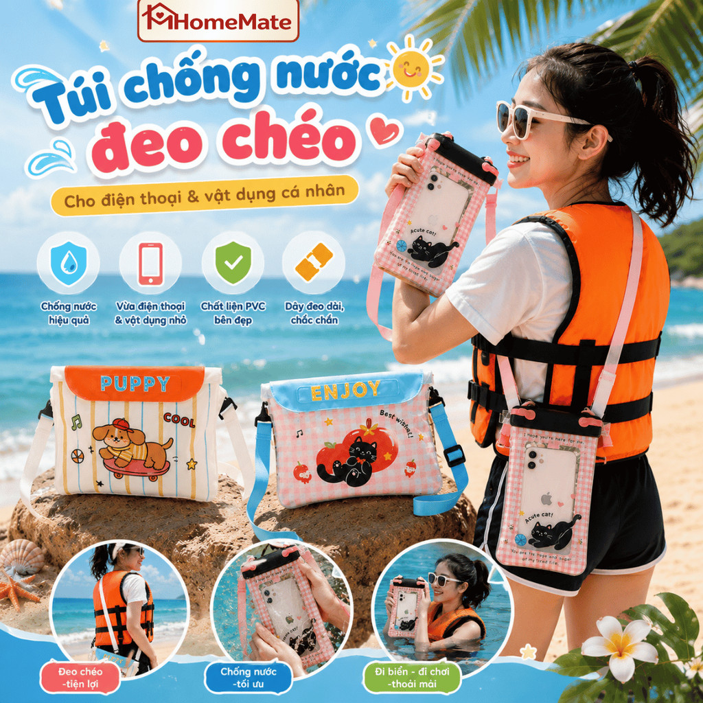 Túi Đựng Điện Thoại Chống Nước HomeMate Cảm Ứng Nhạy, Túi PVC Đeo Hông Đi Biển Du Lịch Đựng Đồ Cá Nhân