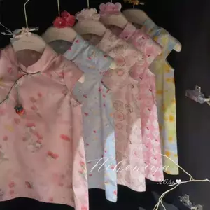 Bé Gái Mới Trung Quốc Cải Tiến Sườn Xám Mùa Hè Đầm Hoa Cho Bé Retro Khóa Dâu In Hanfu Váy