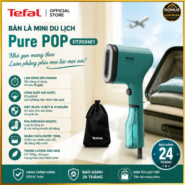 Bàn Là Hơi Nước Cầm Tay Tefal Pure POP DT202 Mini Du Lịch, Kèm Túi Bảo Quản, Chính Hãng BH 24 Tháng