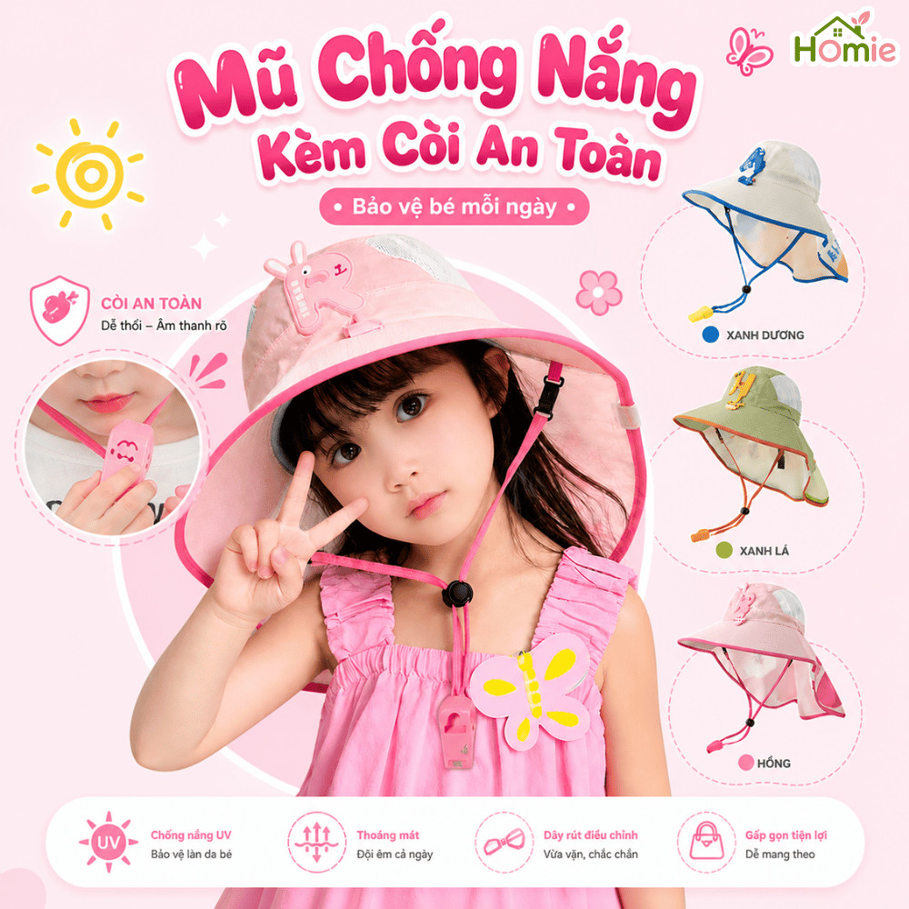 Mũ Chống Nắng Trẻ Em Vành Rộng Che Cổ HOMIE, Nón Chống Tia UV Cho Bé Đi Biển Có Dây Đeo Và Còi An Toàn