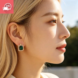Thời trang bà ngọc lục bảo đồng dát zircon cổ điển hình vuông chống phai màu bông tai