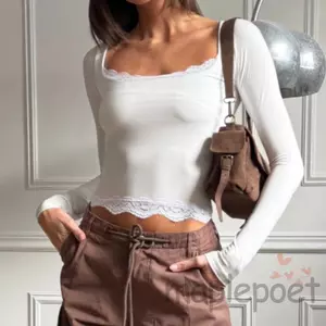 MAPLEPOET-Áo thun dài tay nữ cổ vuông viền ren cho hàng ngày