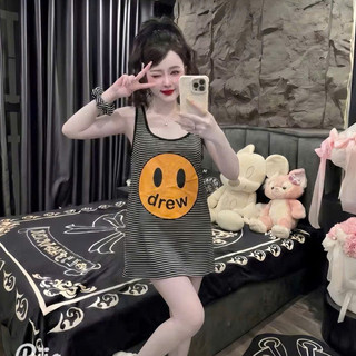 Váy 2 Dây Kẻ Ngang Mặt Cười Dou3le.six Đầm Suông Chất Cotton Co Giãn Mềm Nữ Tính .