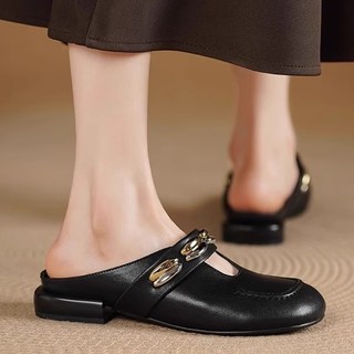 Phong Cách Pháp Bên Trong Tăng Chiều Cao Baotou Nửa Dép Nữ PU Dây Đeo Bằng Mary Jane Giày Sandal