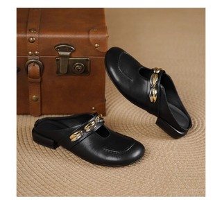 Phong Cách Pháp Bên Trong Tăng Chiều Cao Baotou Nửa Dép Nữ PU Dây Đeo Bằng Mary Jane Giày Sandal