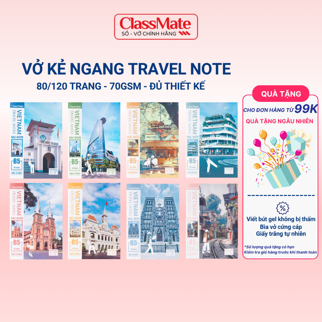 Combo 4 Vở Kẻ Ngang TRAVEL NOTE 70GSM Khổ B5 80/120 Trang Bìa Cán Vân, Vở Cho Học Sinh Viết Bút Gel Không Thấm -AT