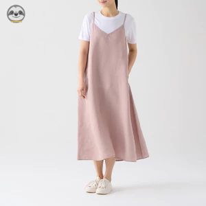 Đầm Sling Phong Cách Nhật Bản Muji từ vải lanh màu trơn, áo liền quần dáng dài