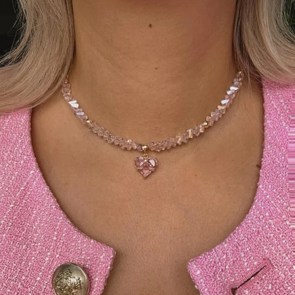 Vòng cổ handmade pha lê zircon với thiết kế đồng hồ kẻ sọc và trái tim ánh sáng sang trọng, dây thép không gỉ